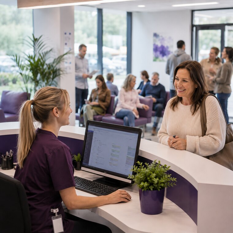A busy clinic reception with patients arriving