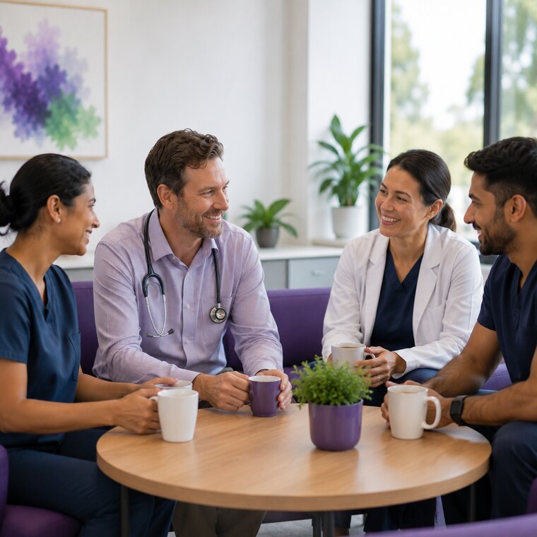 Clinicians collaborating over coffee