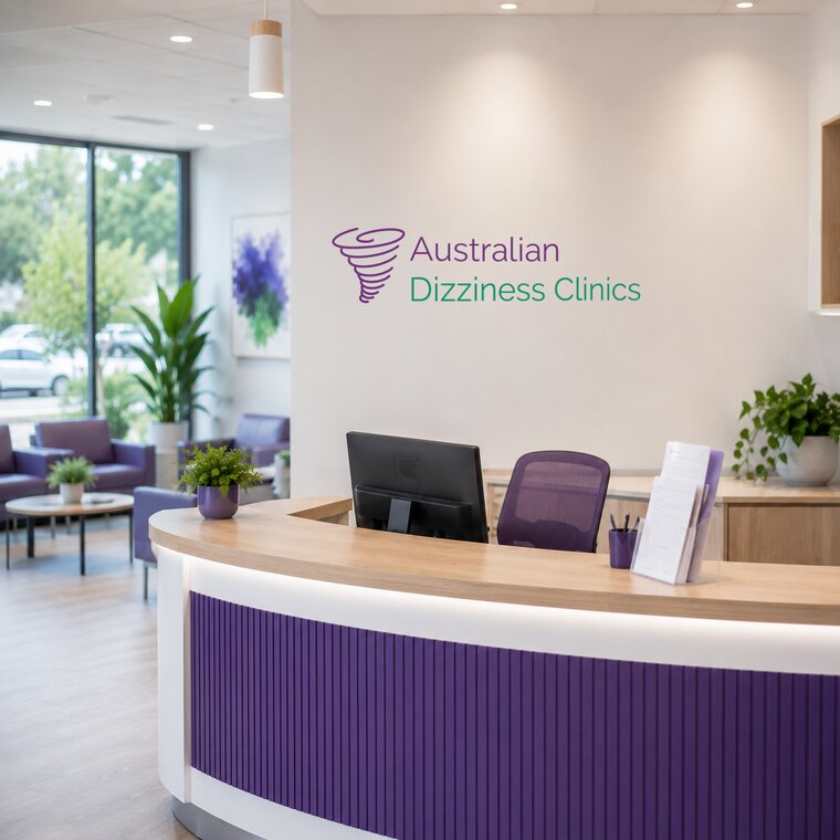 A modern clinic reception with Australian Dizziness Clinics branding