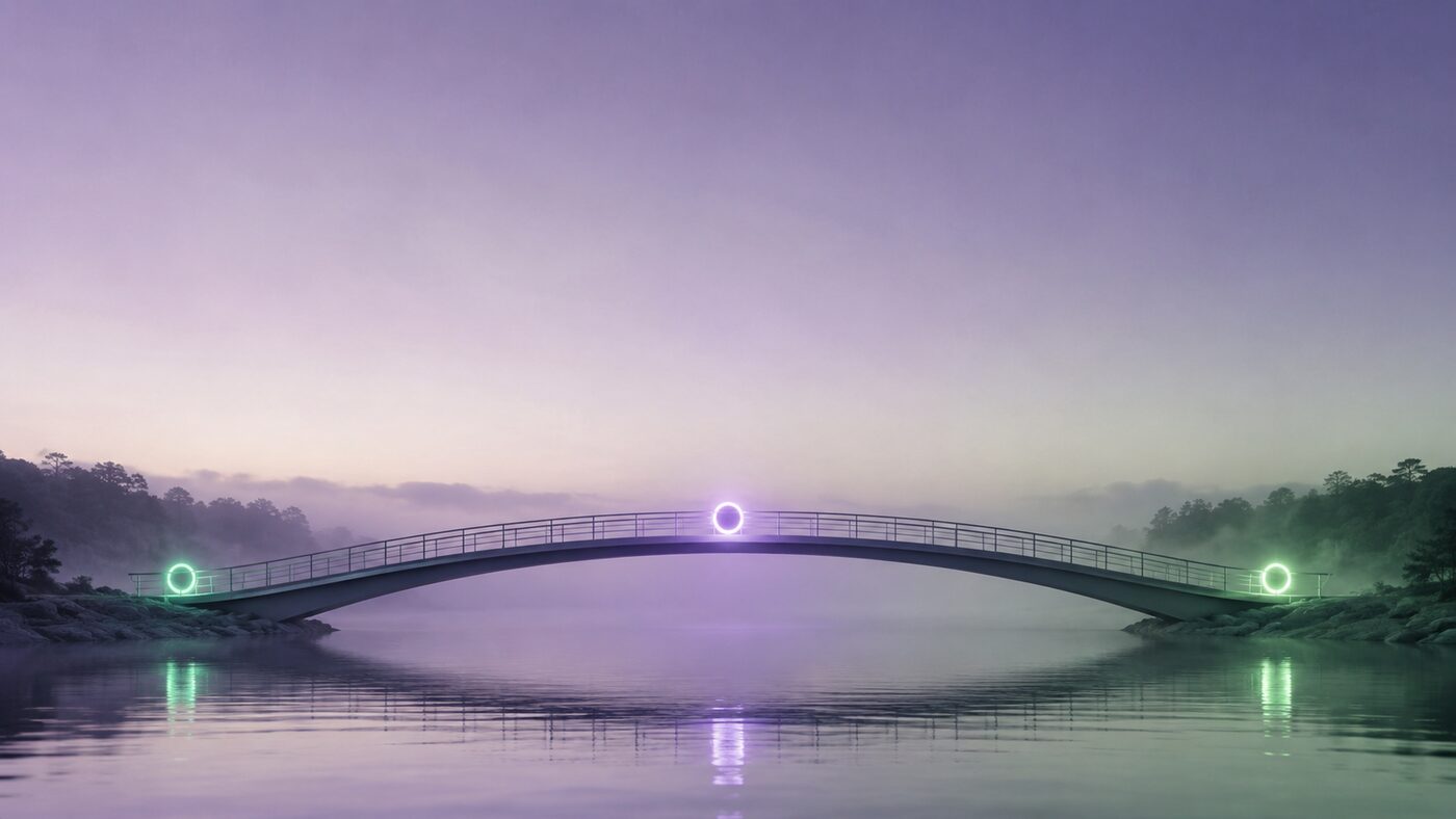 A calm misty bridge over water with three glowing waypoints — the care pathway from GP, across the vestibular medicine doctor bridge, to subspecialty care