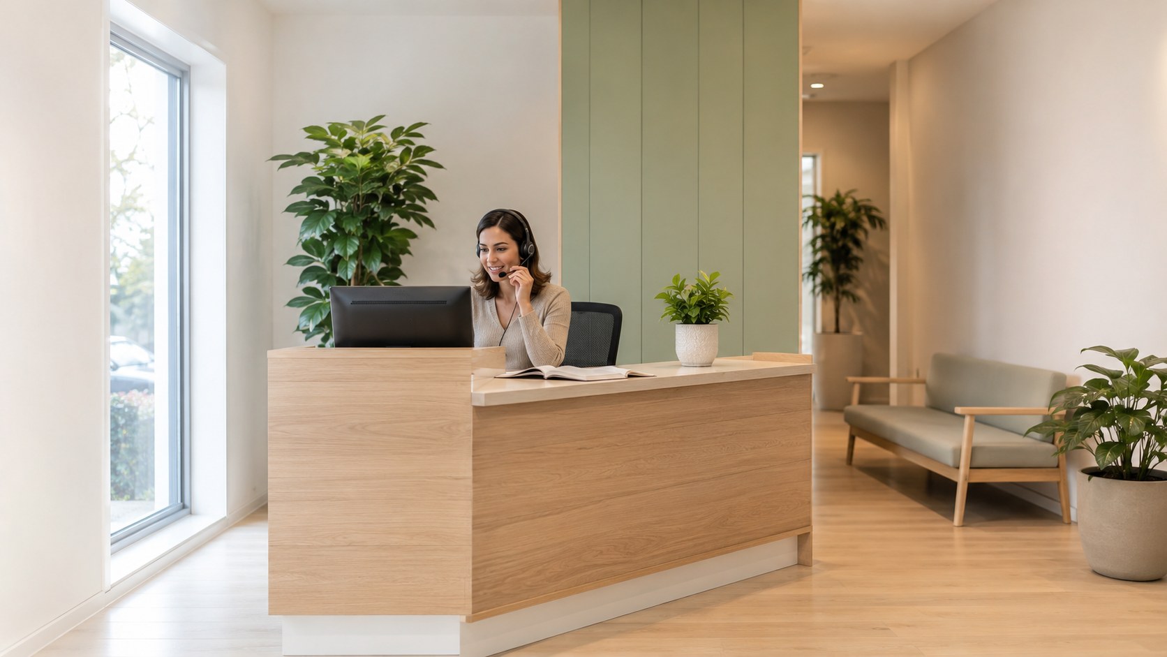 A receptionist at the front desk of a bright vestibular clinic, taking a call with an appointment diary open in front of her