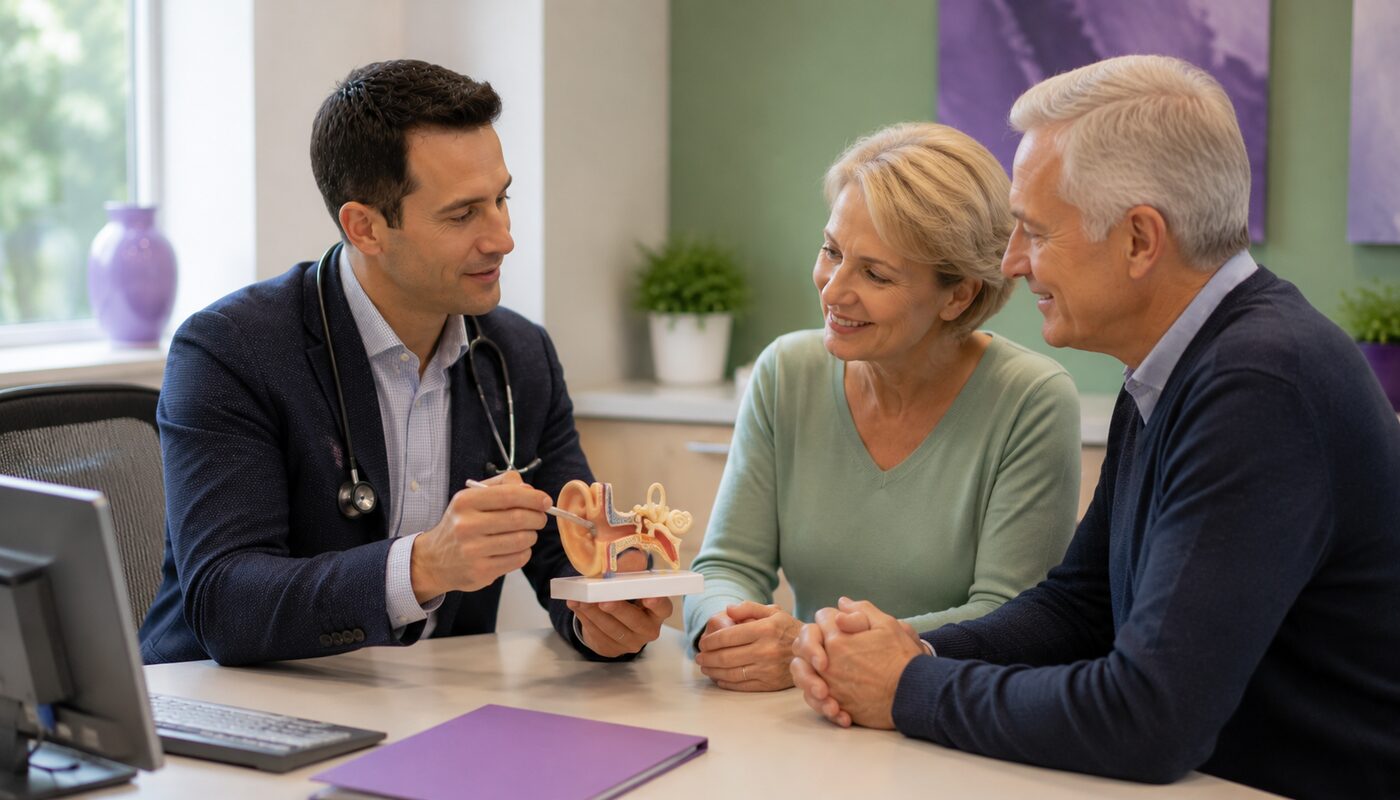 Doctor explaining an inner-ear model to a couple