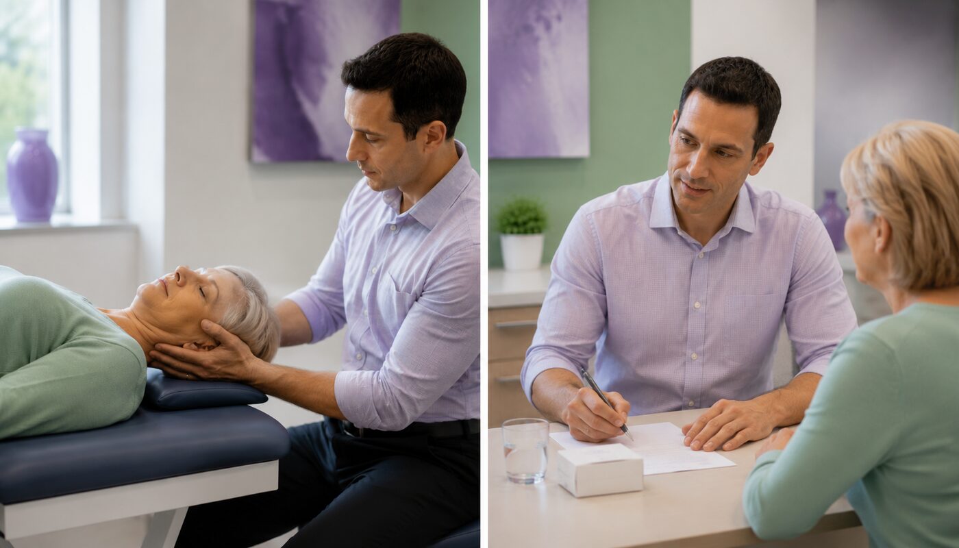Doctor performing a repositioning manoeuvre and prescribing medical treatment