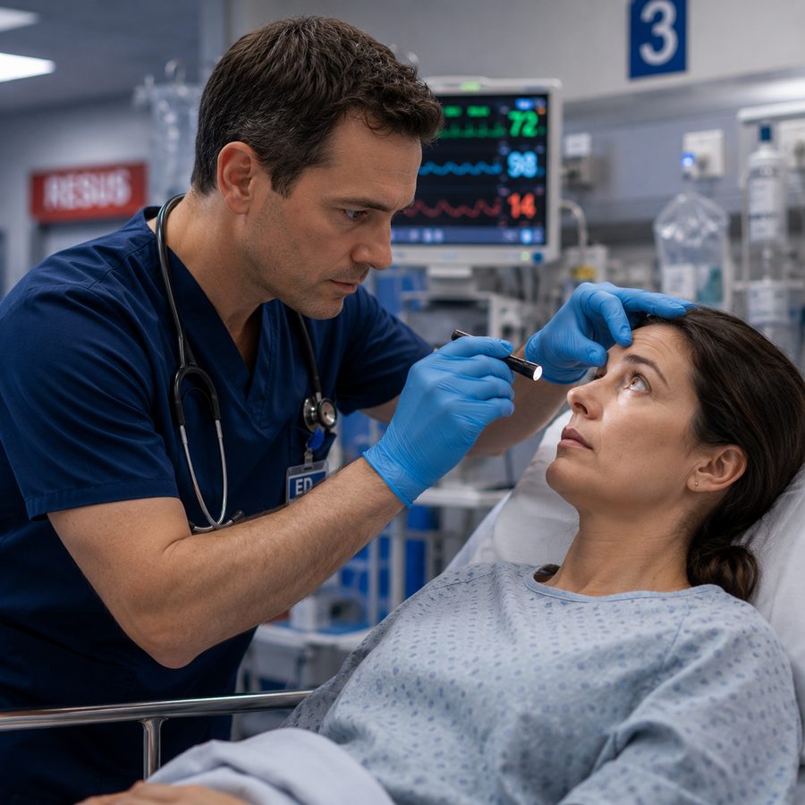 An emergency clinician examining a patient's eyes at the bedside