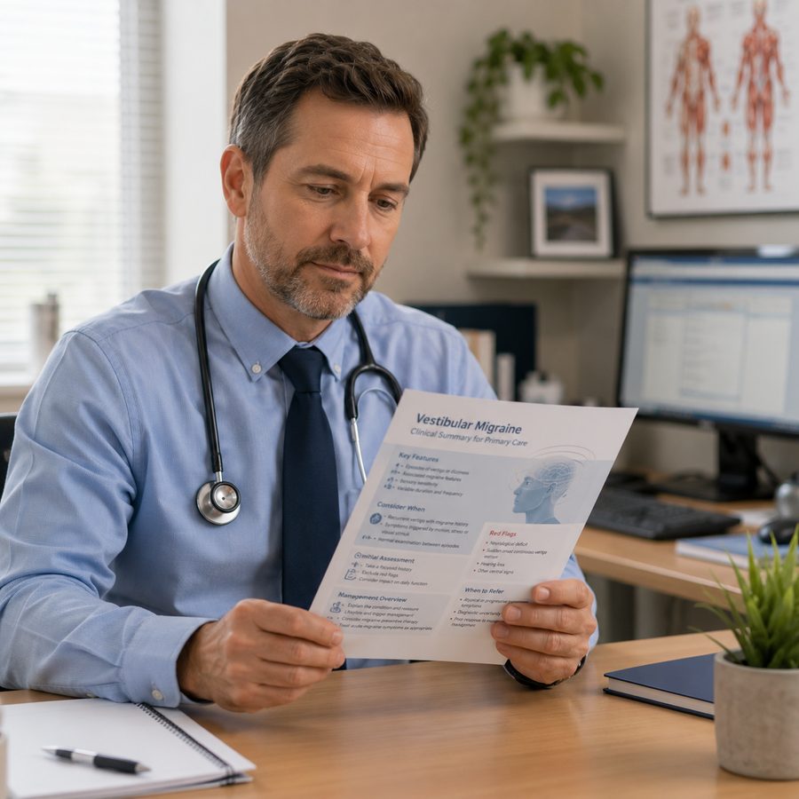 A general practitioner reading a one-page vestibular summary sheet