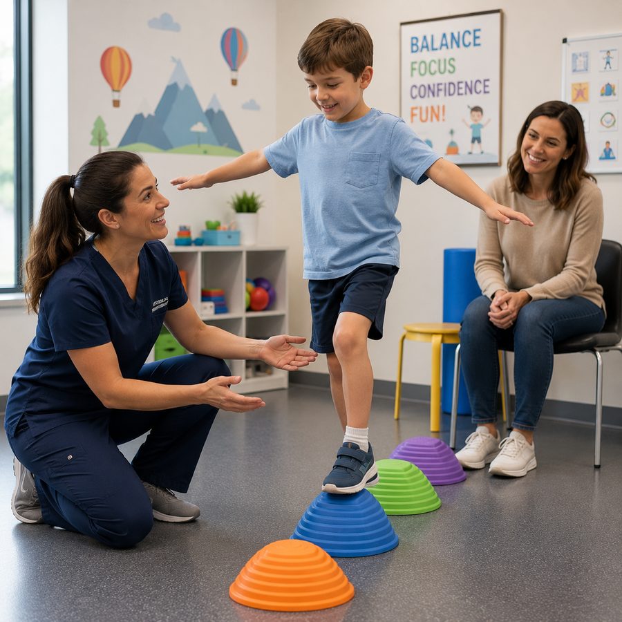 A clinician engaging a child in a balance exercise in a paediatric clinic