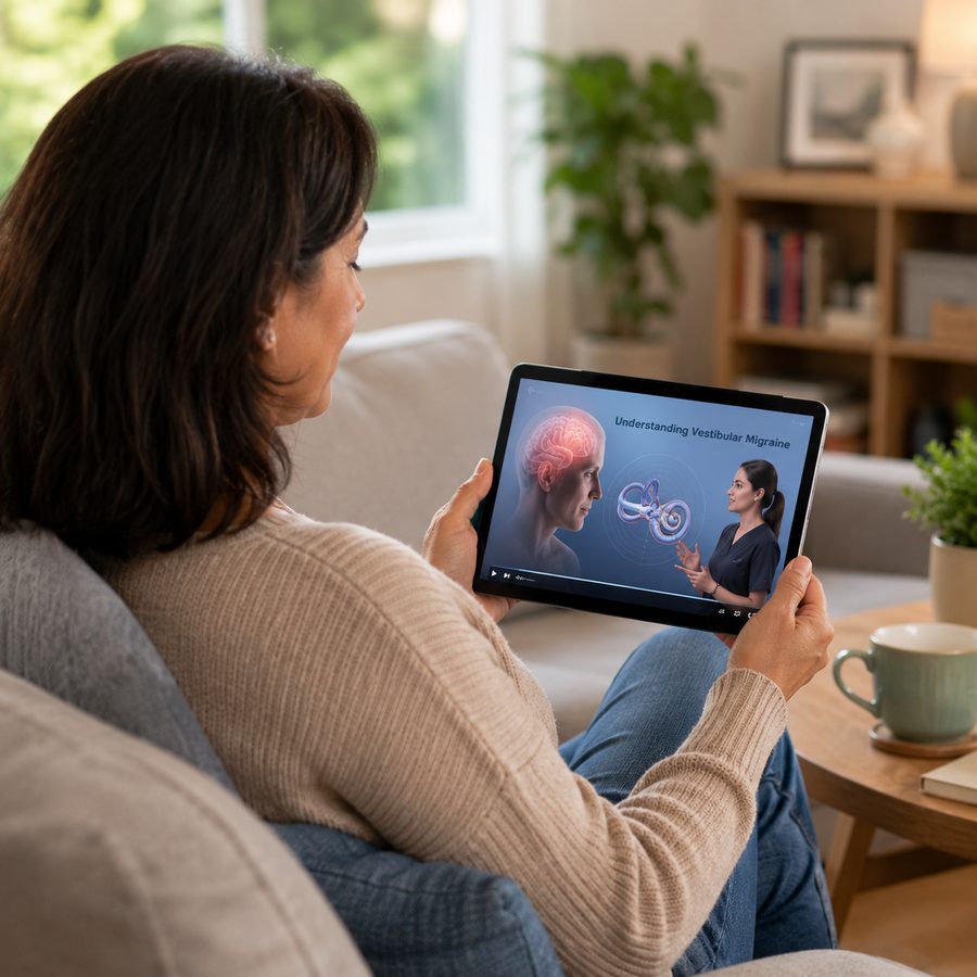 A patient watching a vestibular education video on a tablet at home