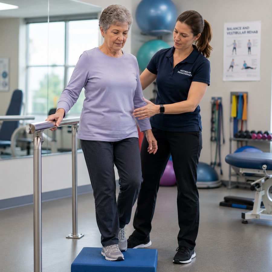 A vestibular physiotherapist guiding a patient through balance training