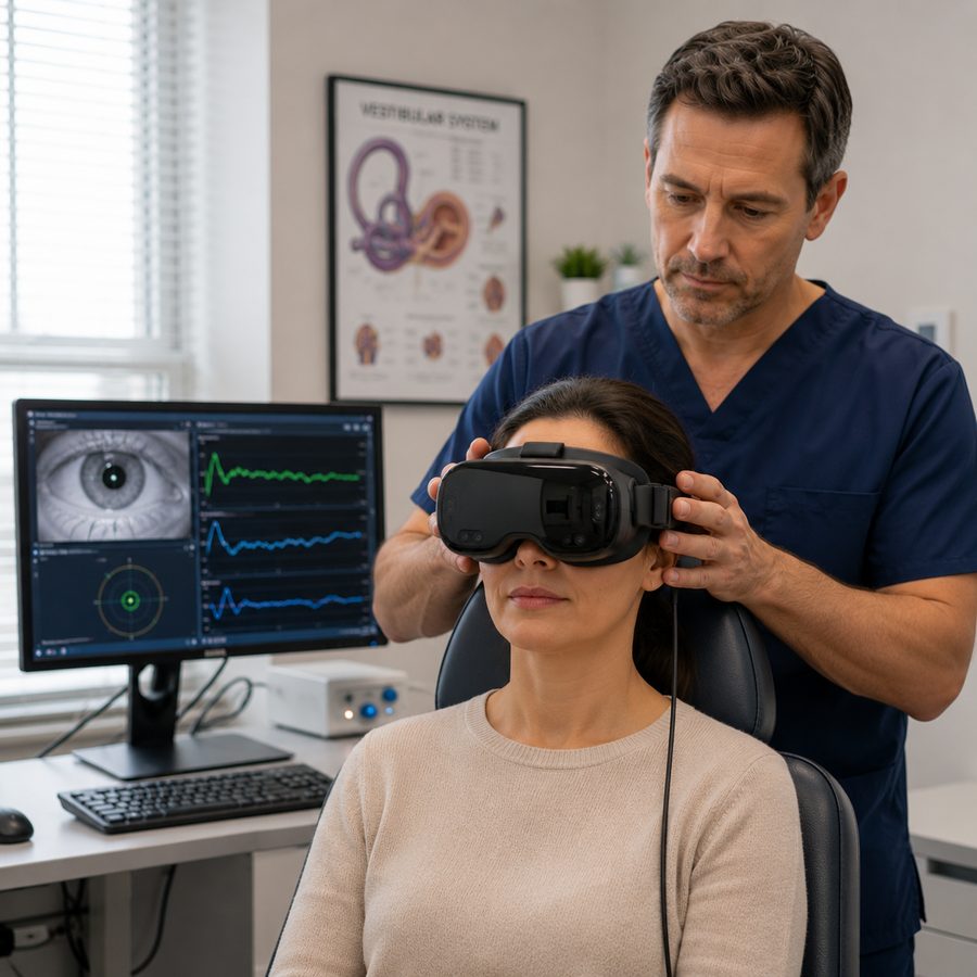 A vestibular medicine doctor performing video head impulse testing