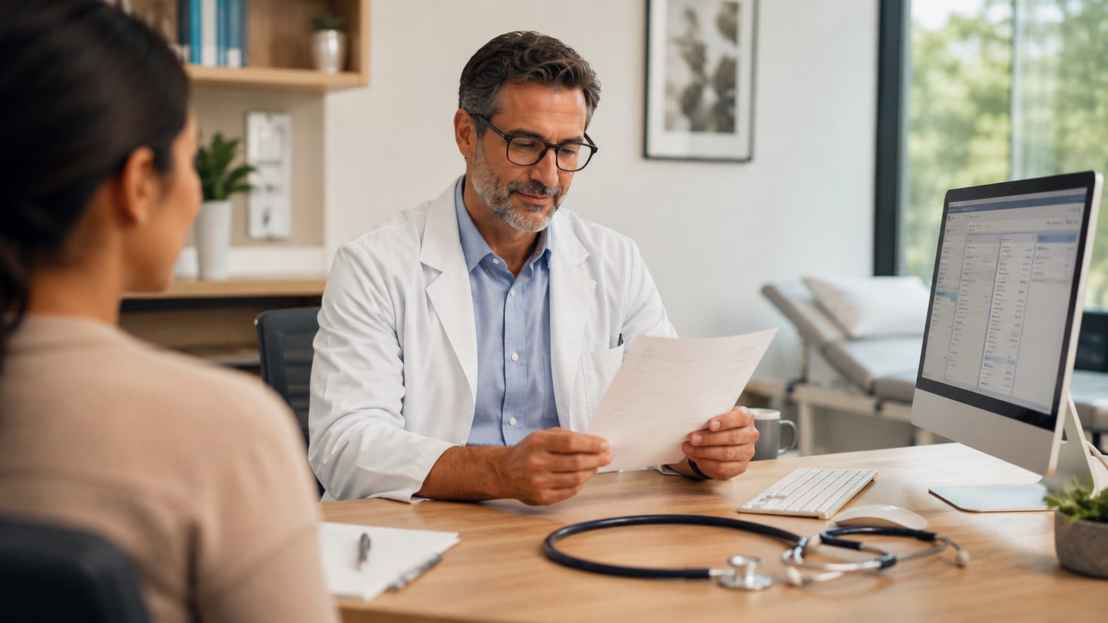 A general practitioner reviewing a vestibular referral letter at their desk