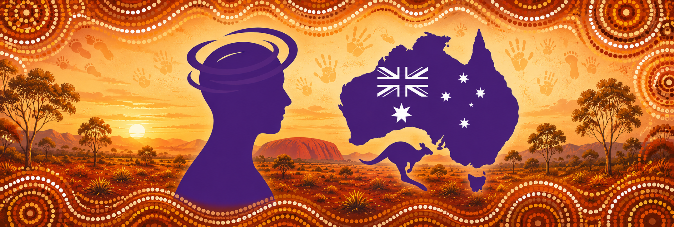 Aboriginal-art themed banner — dizzy head silhouette beside a map of Australia