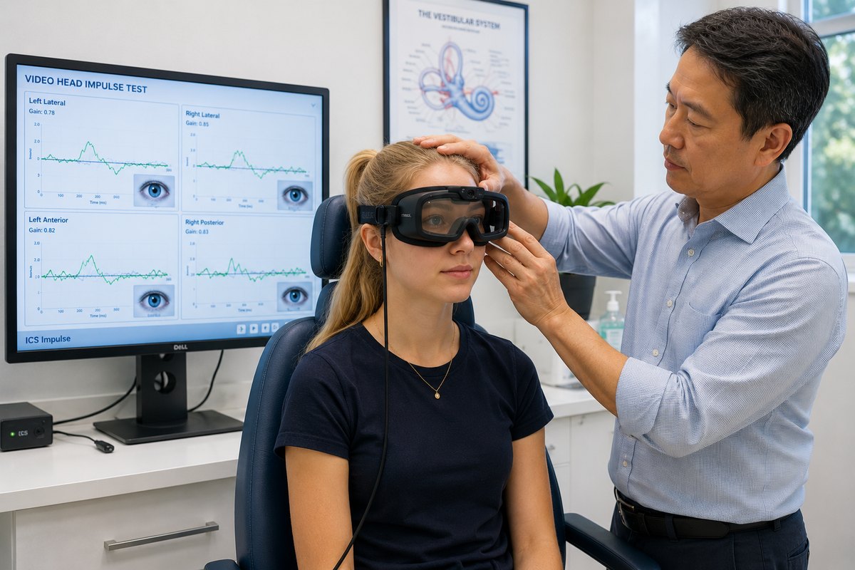 A teenage patient undergoing a video head impulse test with a vestibular medicine doctor