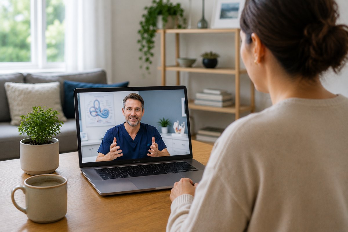 A patient at home having a telehealth video consultation with a vestibular clinician on a laptop