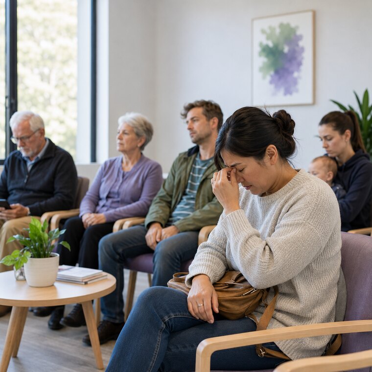 Diverse Australians waiting in a clinic waiting room