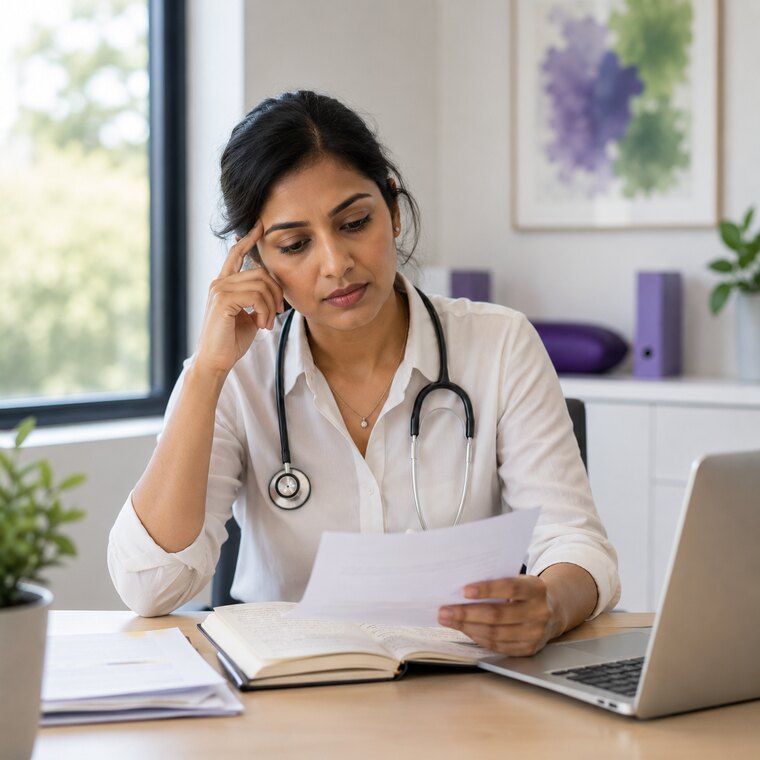 A general practitioner reviewing a patient's notes