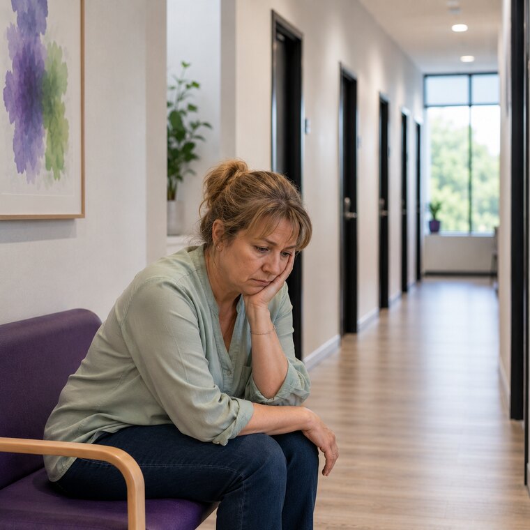 A patient waiting alone in a clinic corridor