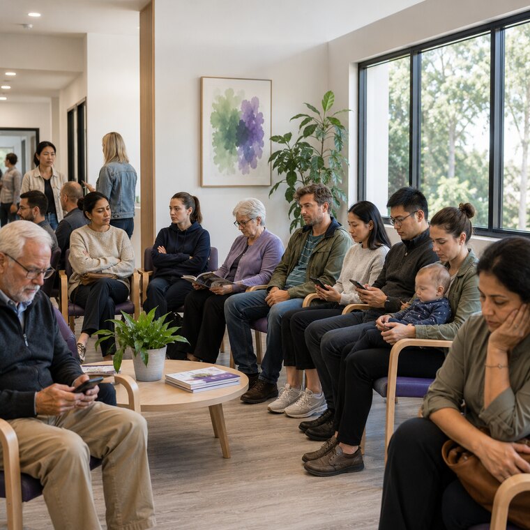 A busy clinic waiting room with every seat taken