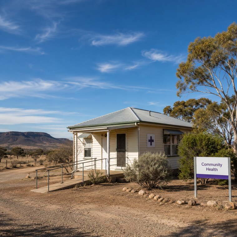 A small rural Australian medical clinic under a wide sky