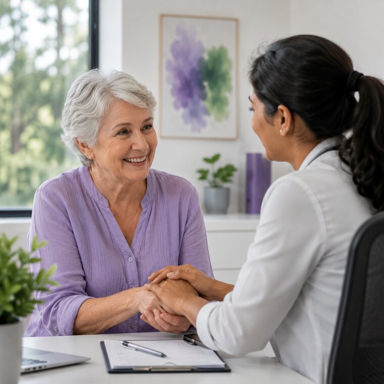 A relieved older patient with a caring clinician