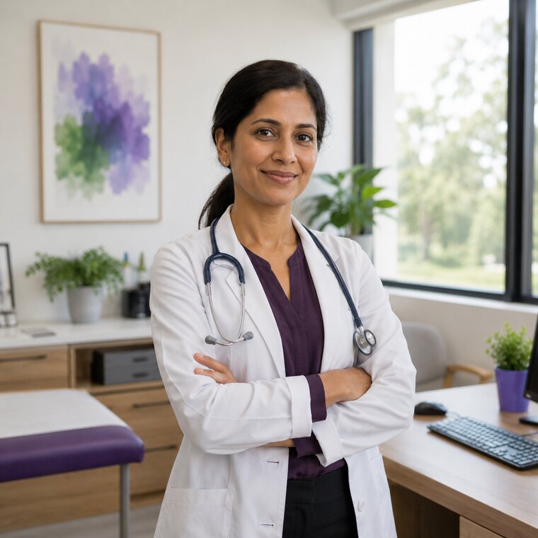 A confident clinician in their consulting room