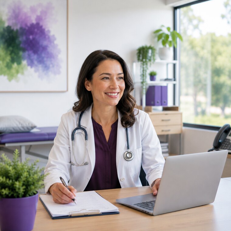 A clinician working in a thriving modern clinic